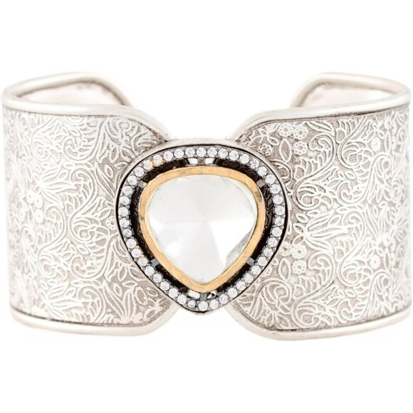 Silver Wide Crystal Piece, Statement Cuff, Handmade Open Cuff Bangle Jewelry